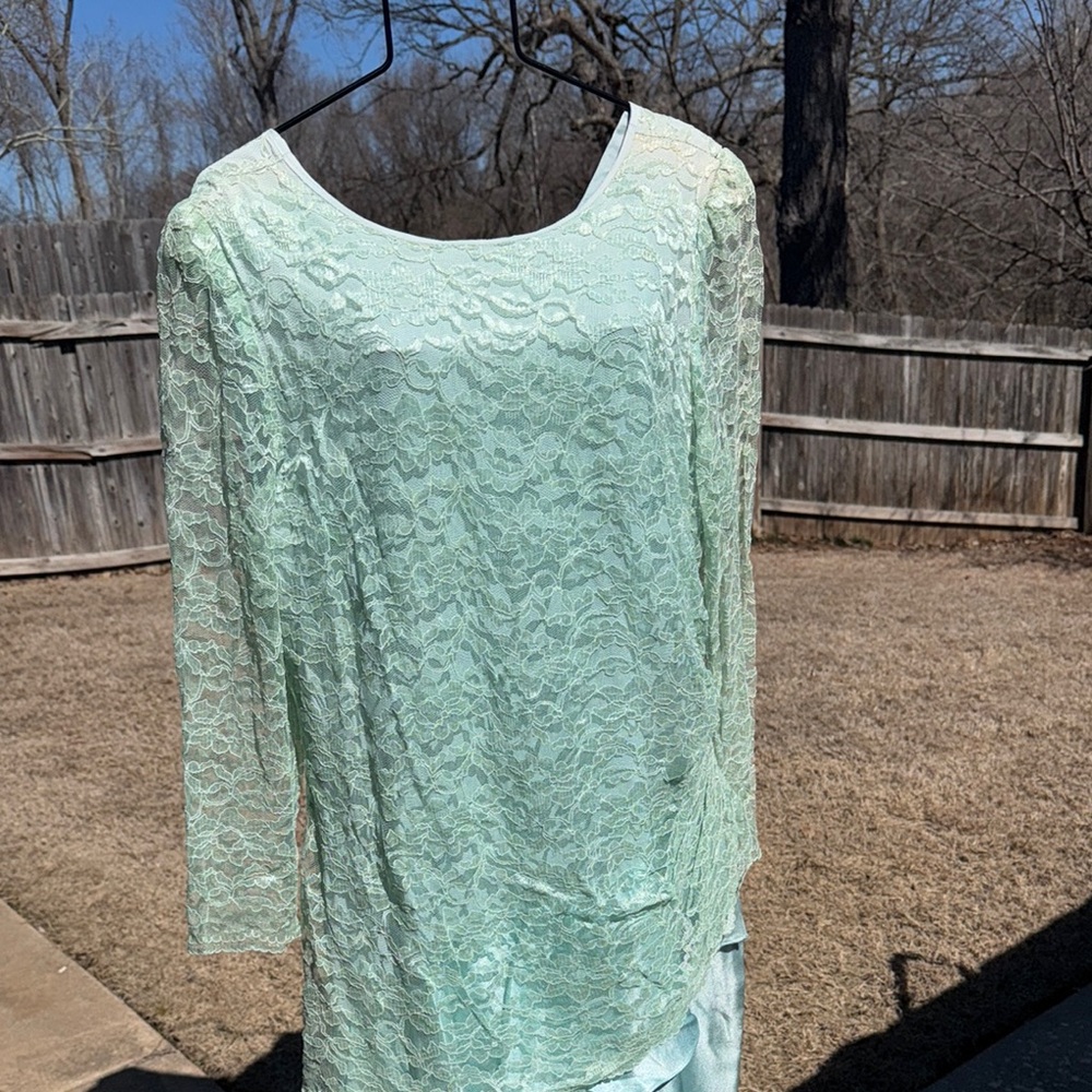 NOS Vintage 80s Long Green Lace Dress sz 20 1/2 USA made Faded Shoulders As Is